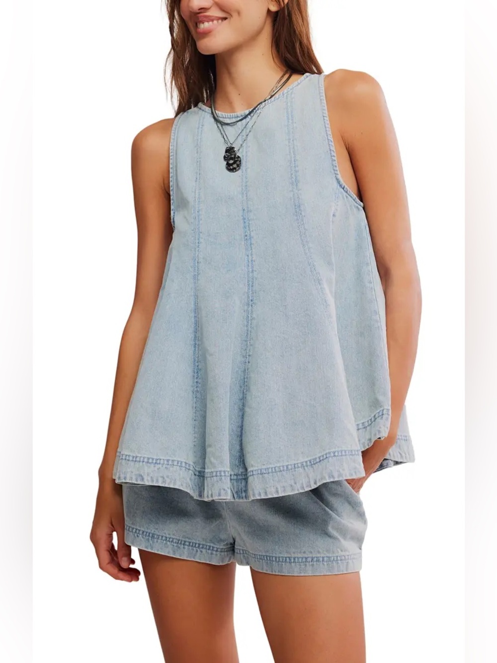 Cassius denim set tank top light wash sleeveless shorts chambray desert muse - Picture 9 of 9